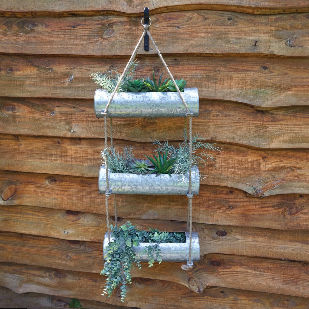 3 tiered hanging planter Three-Tier Galvanized Hanging Planter with Hook