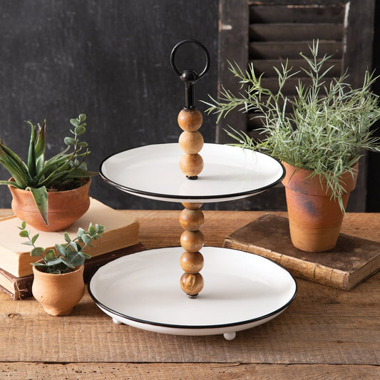 Wood Beads and Metal Two-Tier Tray - Charlie's Roost